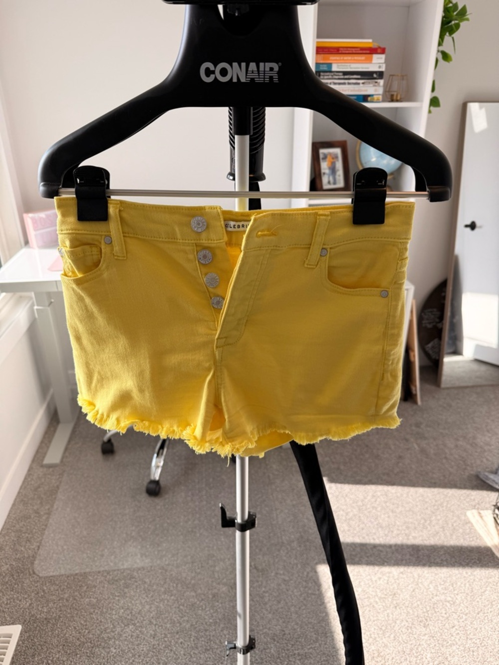 Celebrity Pink Bright Yellow Frayed Denim Shorts